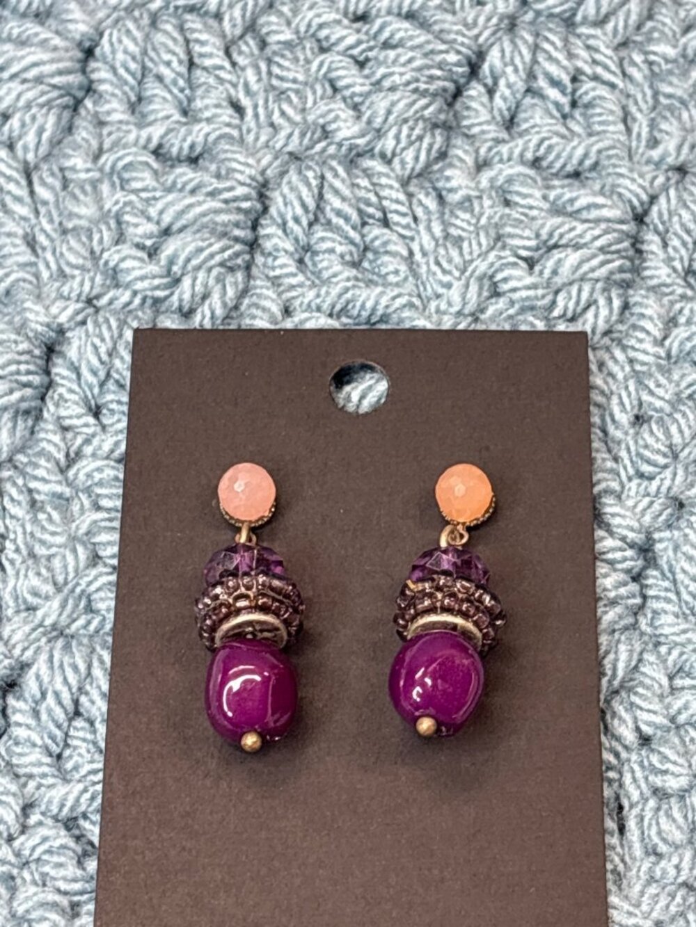 Mixed Materials Bead Dangle Earrings Purple Silvertone Peach 1.25 inches